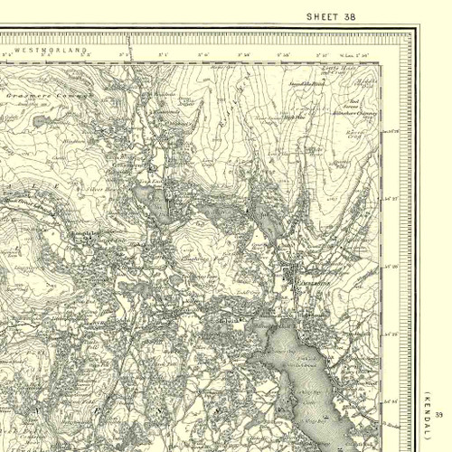 Close up of Authentic reproduction of Ordnance Survey map of Ambleside 1896-1904 with a yellow tint background