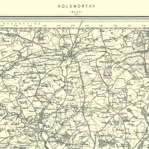 Close up of Authentic reproduction of Ordnance Survey map of Holsworthy 1896-1904 with a yellow tint background