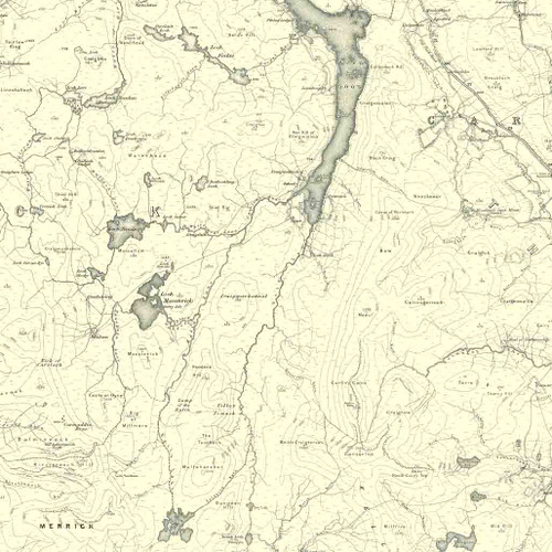 Close up of authentic reproduction of Ordnance Survey map of Carrick 1896-1904 with a yellow tint background
