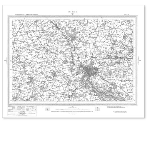 Black and white reproduction historical map of Ipswich and wider area