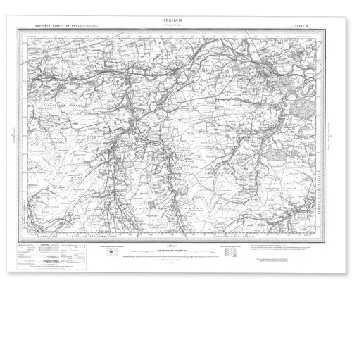 Black and white reproduction historical map of Hexham and wider area