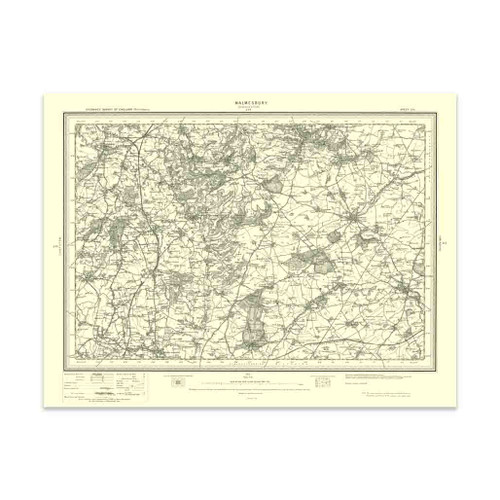 Authentic reproduction of Ordnance Survey map of Malmesbury 1896-1904 with a yellow tint background