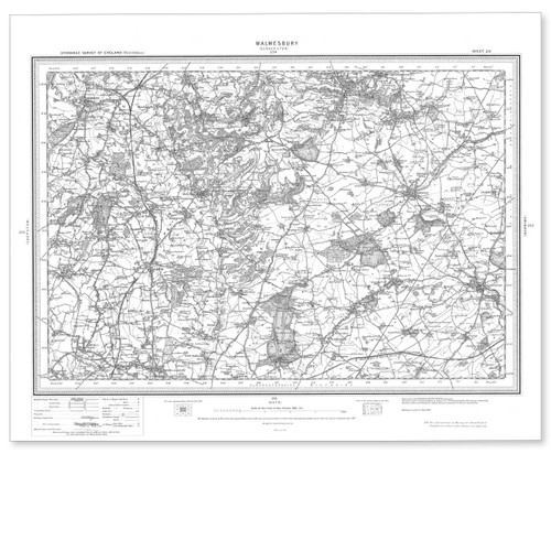 Black and white reproduction historical map of Malmesbury and wider area