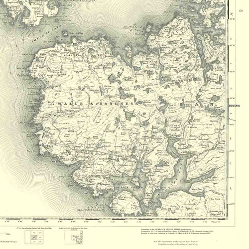 Close up of authentic reproduction of Ordnance Survey map of Sandness 1896-1904 with a yellow tint background