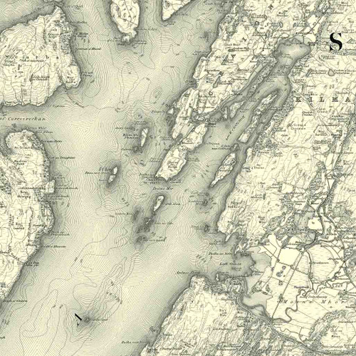Close up of authentic reproduction of Ordnance Survey map of Kilmartin 1896-1904 with a yellow tint background