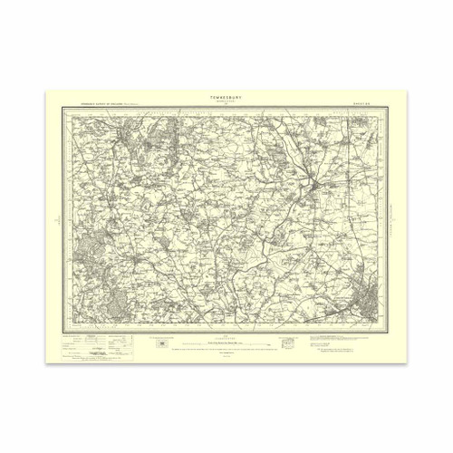 Authentic reproduction of Ordnance Survey map of Tewkesbury 1896-1904 with a yellow tint background