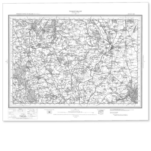 Black and white reproduction historical map of Tewkesbury and wider area