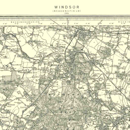 Close up of Authentic reproduction of Ordnance Survey map of Windsor 1896-1904 with a yellow tint background