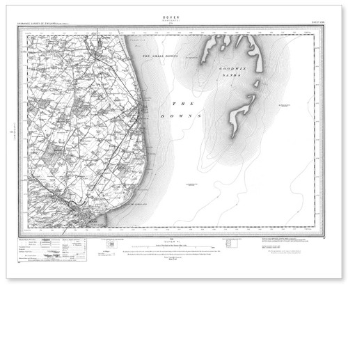 Black and white reproduction historical map of Dover and wider area