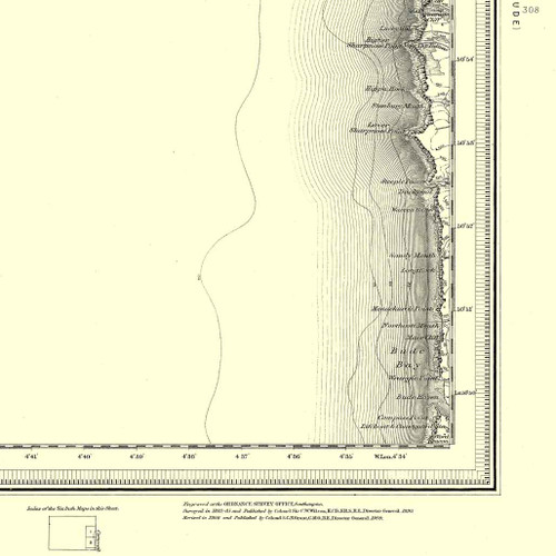 Close up of Authentic reproduction of Ordnance Survey map of Bude Bay 1896-1904 with a yellow tint background
