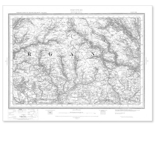 Black and white reproduction historical map of Pontypridd and wider area