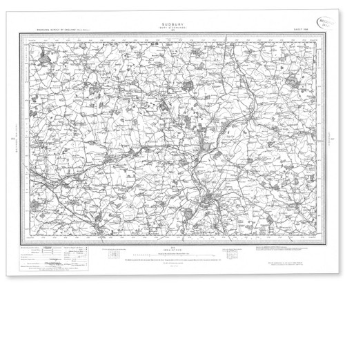 Black and white reproduction historical map of Sudbury and wider area