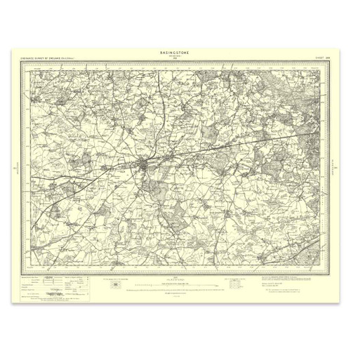Authentic reproduction of Ordnance Survey map of Basingstoke 1896-1904 with a yellow tint background