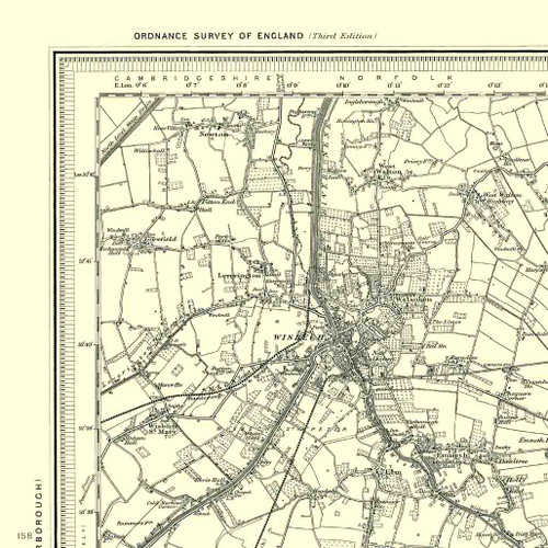 Close up of authentic reproduction of Ordnance Survey map of Wisbech 1896-1904 with a yellow tint background