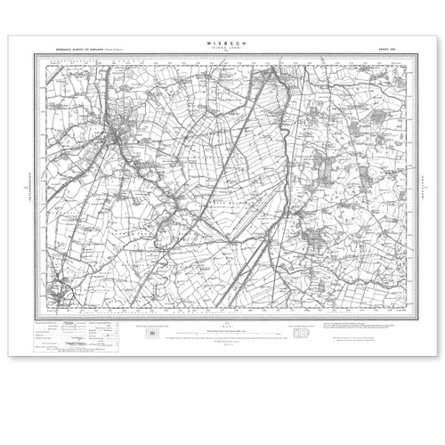 Black and white reproduction historical map of Wisbech and wider area