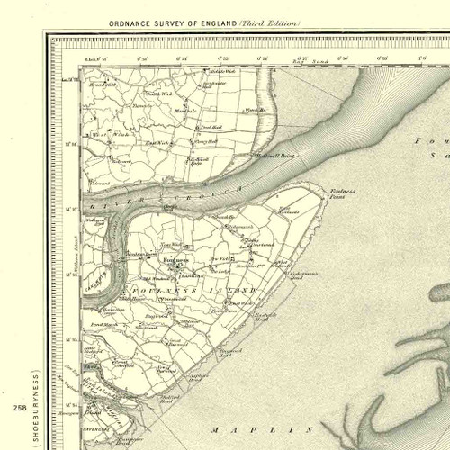 Close up of Authentic reproduction of Ordnance Survey map of Foulness 1896-1904 with a yellow tint background