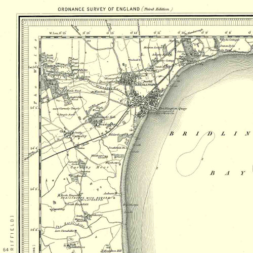 Close up of Authentic reproduction of Ordnance Survey map of Bridlington 1896-1904 with a yellow tint background
