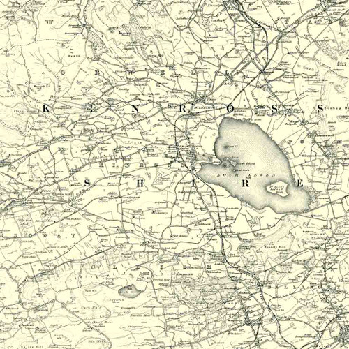 Close up of authentic reproduction of Ordnance Survey map of Kinross 1896-1904 with a yellow tint background