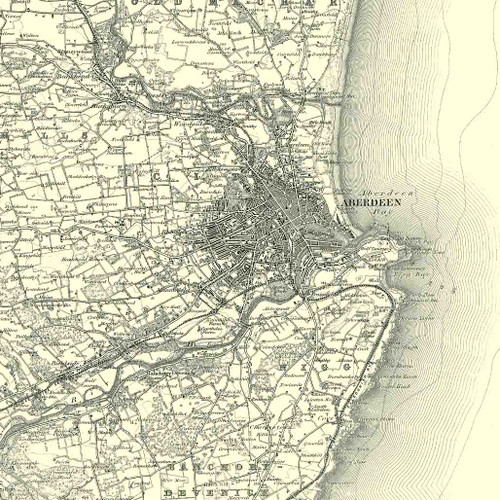 Close up of Authentic reproduction of Ordnance Survey map of Aberdeen 1896-1904 with a yellow tint background