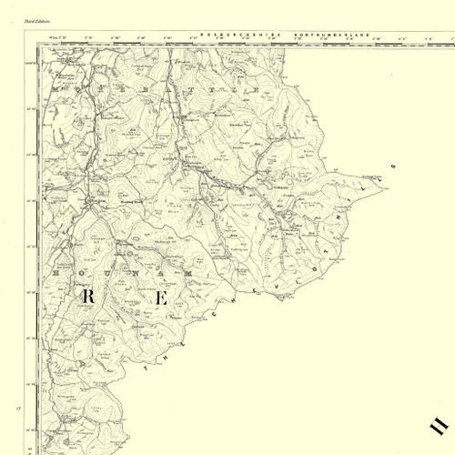 Close up of authentic reproduction of Ordnance Survey map of Morebattle 1896-1904 with a yellow tint background