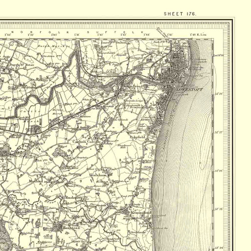 Close up of authentic reproduction of Ordnance Survey map of Lowestone 1896-1904 with a yellow tint background