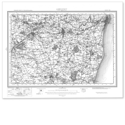 Black and white reproduction historical map of Lowestoft and wider area