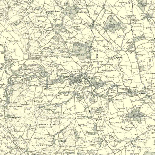 Close up of Authentic reproduction of Ordnance Survey map of Richmond 1896-1904 with a yellow tint background