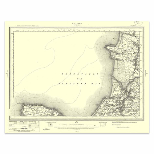 Authentic reproduction of Ordnance Survey map of Bideford 1896-1904 with a yellow tint background