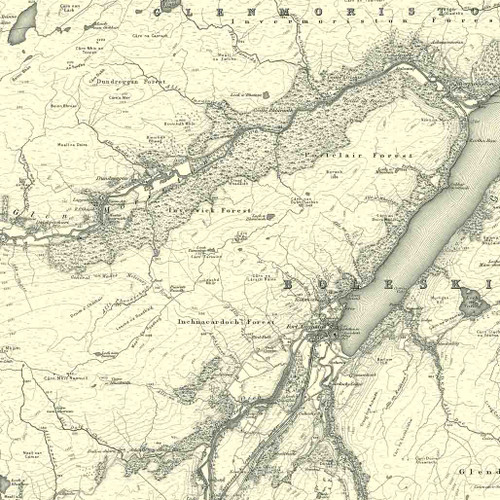 Close up of authentic reproduction of Ordnance Survey map of Fort Augustus 1896-1904 with a yellow tint background