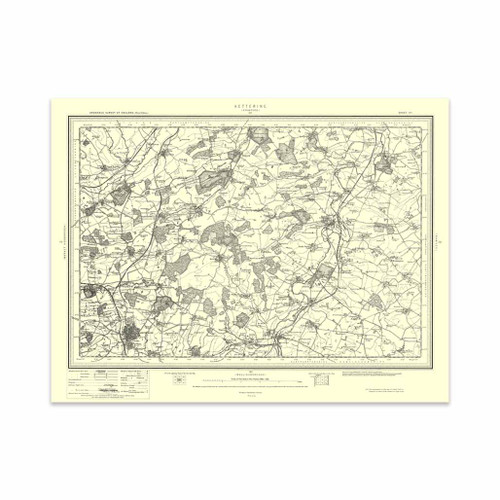 Authentic reproduction of Ordnance Survey map of Kettering 1896-1904 with a yellow tint background