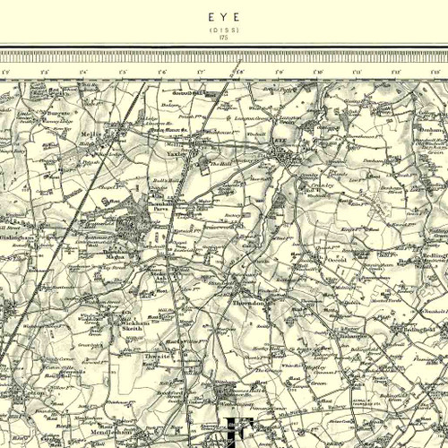 Close up of authentic reproduction of Ordnance Survey map of Eye 1896-1904 with a yellow tint background