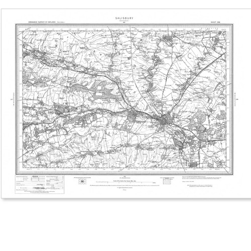 Black and white reproduction historical map of Salisbury and wider area