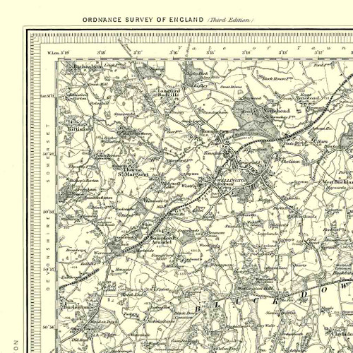 Close up of Authentic reproduction of Ordnance Survey map of Wellington 1896-1904 with a yellow tint background