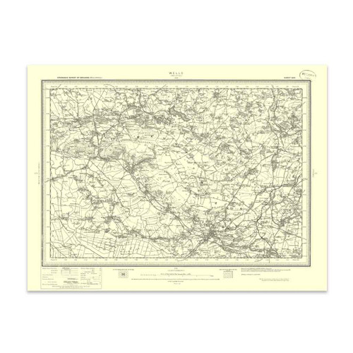 Authentic reproduction of Ordnance Survey map of Wells 1896-1904 with a yellow tint background