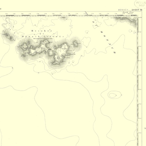 Close up of authentic reproduction of Ordnance Survey map of Monach 1896-1904 with a yellow tint background Close up of authentic reproduction of Ordnance Survey map of Monach 1896-1904 with a yellow tint background