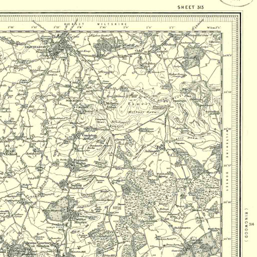 Close up of Authentic reproduction of Ordnance Survey map of Shaftesbury 1896-1904 with a yellow tint background