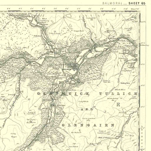 Close up of Authentic reproduction of Ordnance Survey map of Balmoral 1896-1904 with a yellow tint background