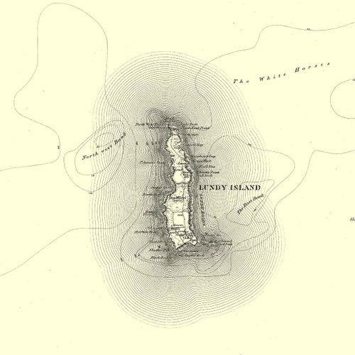 Close up of Authentic reproduction of Ordnance Survey map of Lundy Island 1896-1904 with a yellow tint background