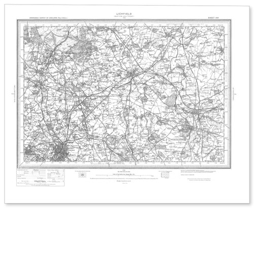 Black and white reproduction historical map of Lichfield and wider area