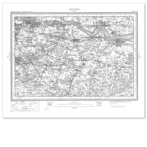 Black and white reproduction historical map of Dartford and wider area