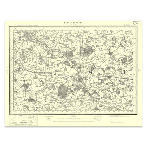 Authentic reproduction of Ordnance Survey map of Bury St Edmunds 1896-1904 with a yellow tint background
