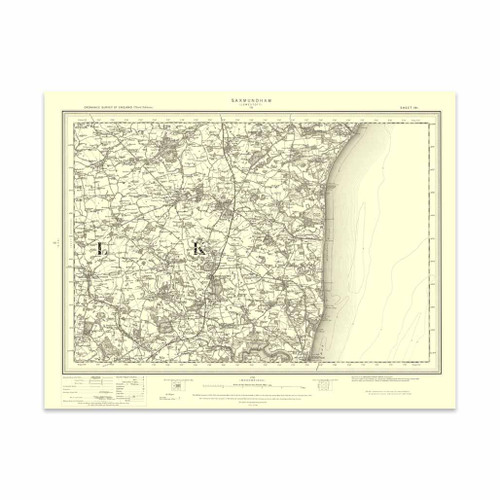 Authentic reproduction of Ordnance Survey map of Saxmundham 1896-1904 with a yellow tint background
