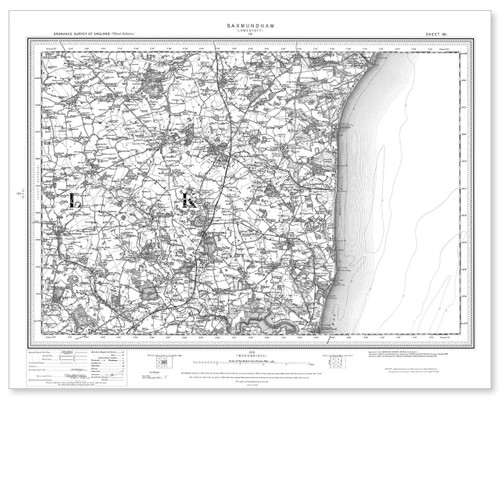 Black and white reproduction historical map of Saxmundham and wider area