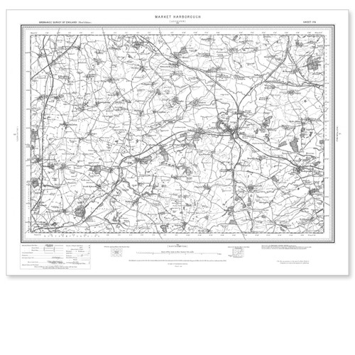 Black and white reproduction historical map of Market Harborough and wider area