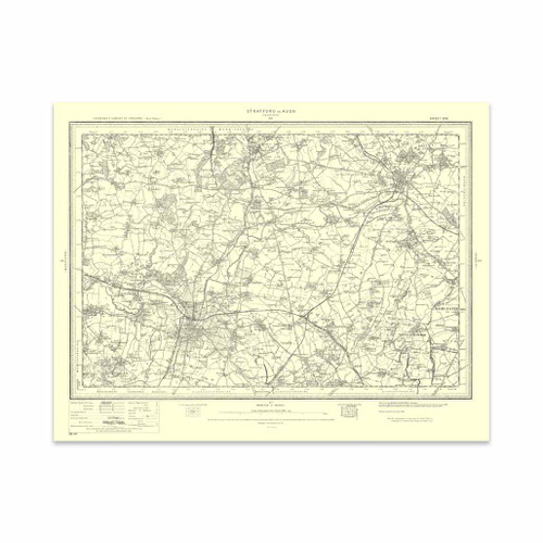 Authentic reproduction of Ordnance Survey map of Stratford on Avon 1896-1904 with a yellow tint background