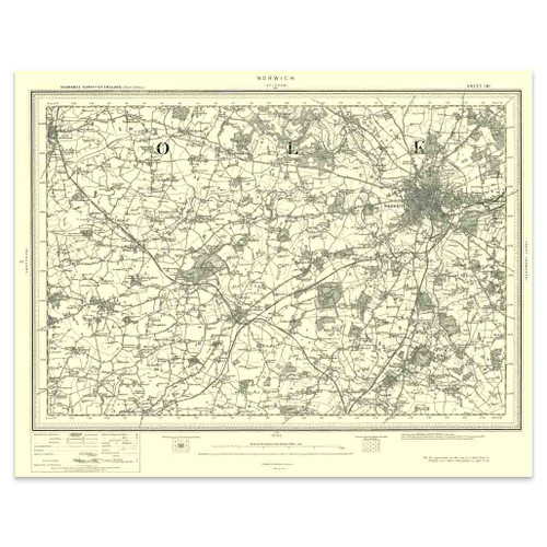 Authentic reproduction of Ordnance Survey map of Norwich 1896-1904 with a yellow tint background