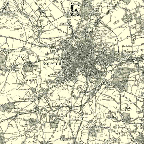 Close up of Authentic reproduction of Ordnance Survey map of Norwich 1896-1904 with a yellow tint background