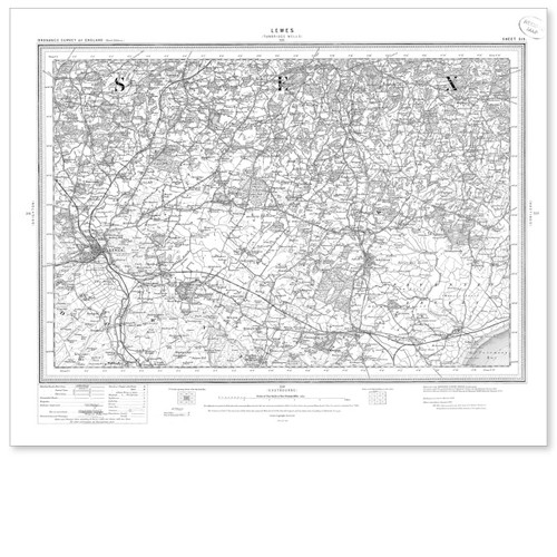 Black and white reproduction historical map of Lewes and wider area