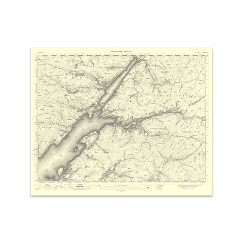 Authentic reproduction of Ordnance Survey map of Ben Nevis 1896-1904 with a yellow tint background