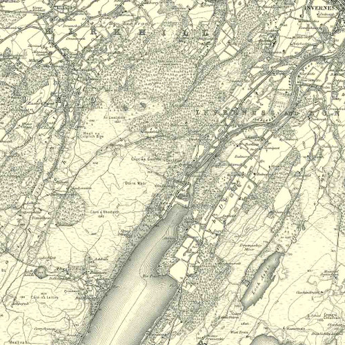 Close up of Authentic reproduction of Ordnance Survey map of Inverness 1896-1904 with a yellow tint background